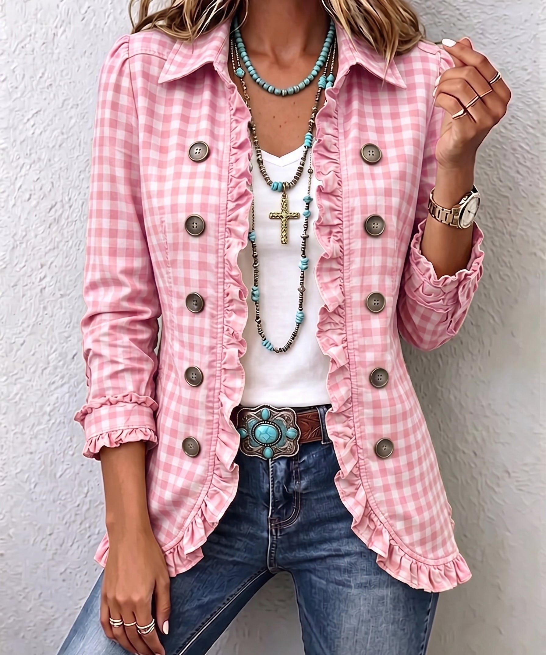 Evelyn | Gingham Ruffled Button-Down Jacket