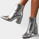 Ralica Silver Metallic Pointed Toe Ankle Boots with Block Heel